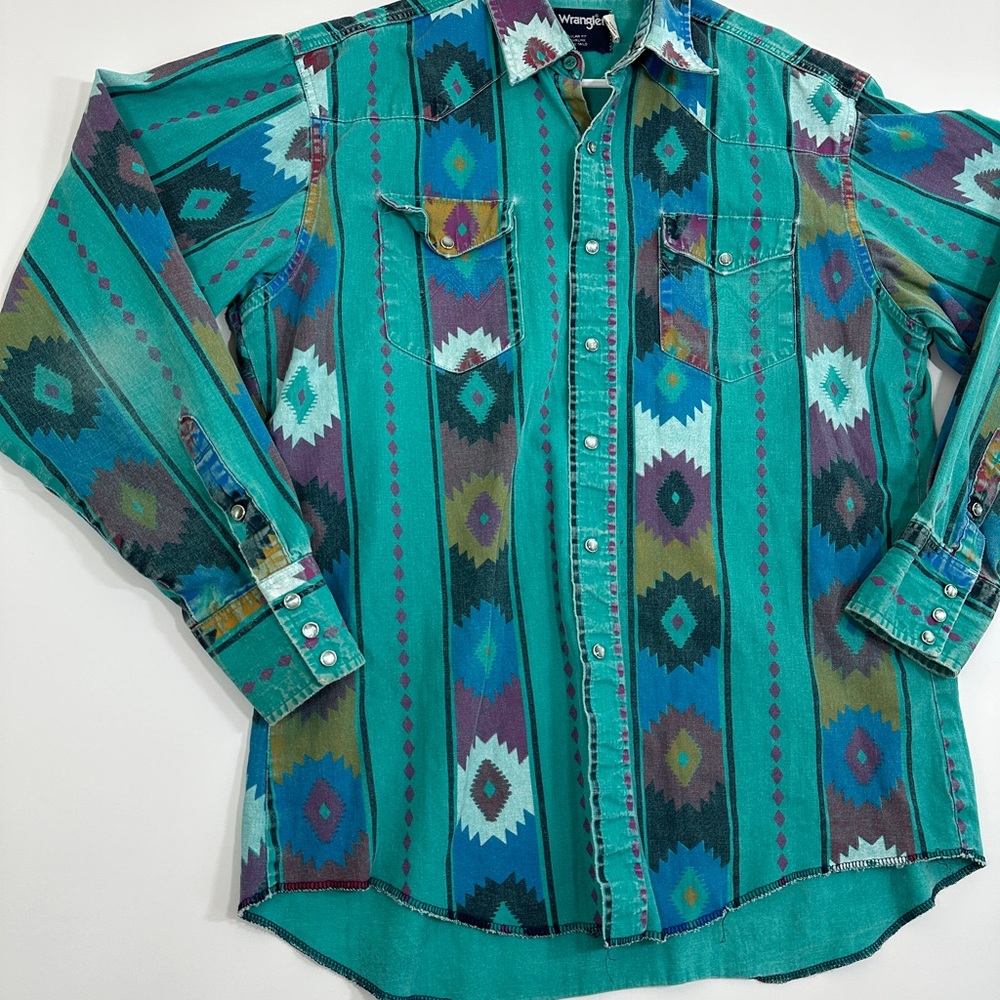 Vintage Wrangler Brushpopper Pearl Snap Shirt 16.5/35 Striped Aztec 90s USA RARE - Picture 2 of 12